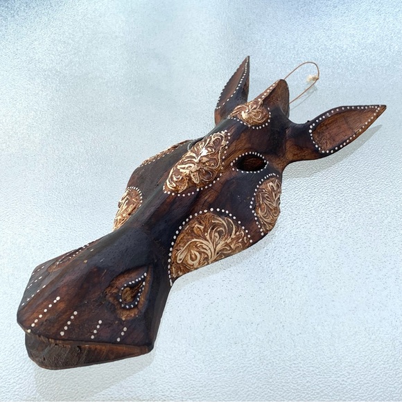 Zebra/Horse Mask Hand Carved Wooden Medallion Tribal Dot Design Wall Art - Picture 3 of 7